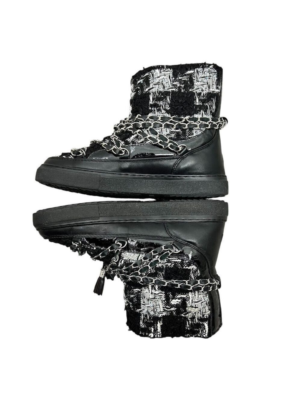 Inuikii Black White Tartan Tweed Sherpa lined chain detail Winter Boots EU 38/7 - Picture 5 of 14